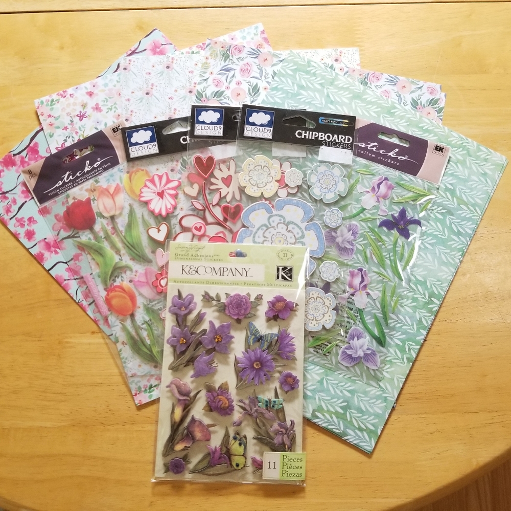 Lot of Floral Cardstock and Stickers